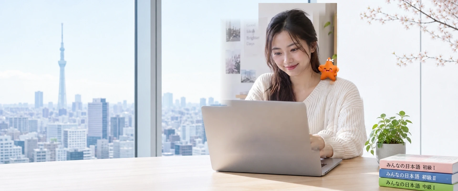 Cô gái học tiếng Nhật bên cửa sổ nhìn ra Tokyo, cùng linh vật JapanMe trên vai